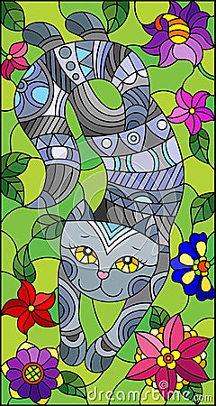 Stained glass illustration with a cute grey cat on a background of meadows and bright flowers Vector Illustration