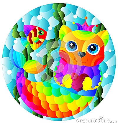 Stained glass illustration with a cute mermaid kitten, a cat on the background of the seabed and water Cartoon Illustration