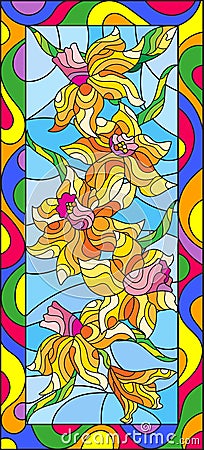 Stained glass illustration with daffodils on blue background,vertical orientation Vector Illustration