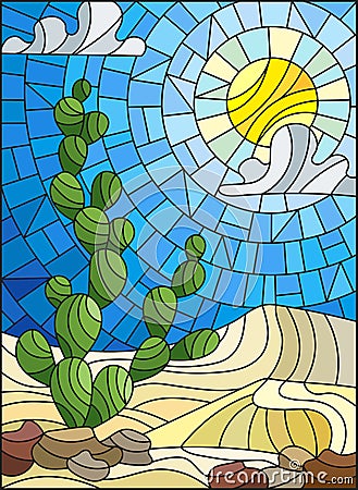 Stained glass illustration with desert landscape, cactus in a lbackground of dunes, sky and sun Vector Illustration