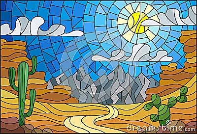 Stained glass illustration with desert landscape, cactus in a lbackground of dunes, sky and sun Vector Illustration