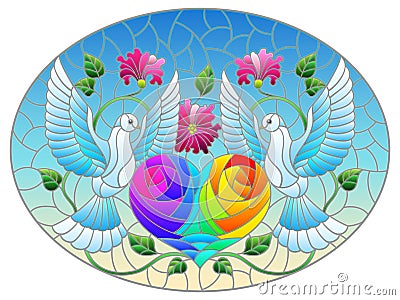 Illustration in the style of stained glass with doves, hearts and flowers on a yellow background, oval image Vector Illustration