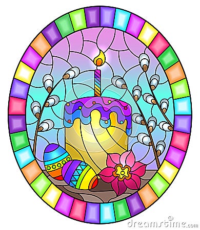 Stained glass illustration with an Easter still life , cake and Easter eggs on the background of willow branches and the sky, oval Vector Illustration