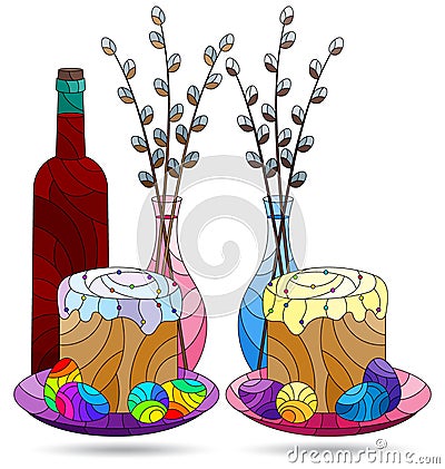 Stained glass illustration with Easter still lifes isolated on a white background Vector Illustration