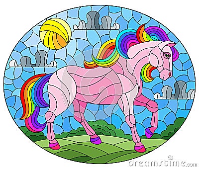 Stained glass illustration with a fabulous bright horse on a background of fields and a cloudy sky with the sun,oval image Vector Illustration