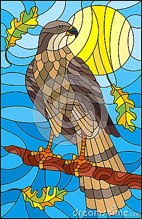 Stained glass illustration with fabulous Falcon sitting on a tree branch against the sky Vector Illustration