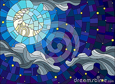 Stained glass illustration with the fabulous moon with a face against the sky and clouds Vector Illustration