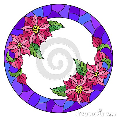 Stained glass illustration flower frame, pink flowers and leaves in blue frame on a white background Vector Illustration