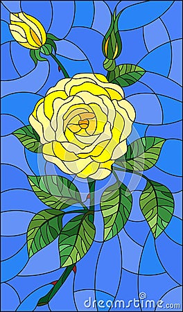 Stained glass illustration flower of yellow rose on a sky background Vector Illustration