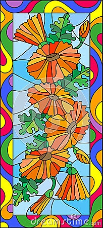 Stained glass illustration with flowers, buds and leaves of calendula,vertical orientation Vector Illustration