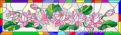 Stained glass illustration with flowers, buds and leaves of Lotus Vector Illustration