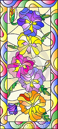 Stained glass illustration with flowers, buds and leaves of pansy,vertical orientation Vector Illustration