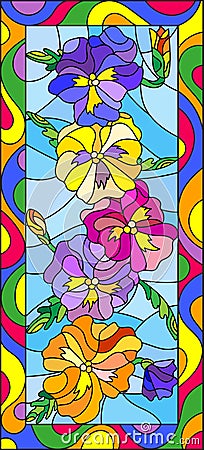 Stained glass illustration with flowers, buds and leaves of pansy,vertical orientation Vector Illustration