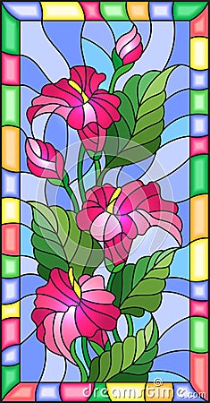 Stained glass illustration with flowers, buds and leaves of pink Calla flower in a bright frame Vector Illustration