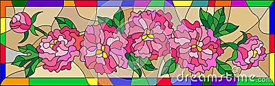 Stained glass illustration with flowers, buds and leaves of pink peonies on a brown background in bright frame,horizontal orient Vector Illustration