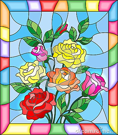 Stained glass illustration with flowers, buds and leaves of roses on a blue background Vector Illustration