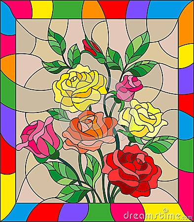 Stained glass illustration with flowers, buds and leaves of roses on a brown background Vector Illustration