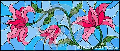 Stained glass illustration with flowers, leaves and buds of pink lilies on a blue background Vector Illustration