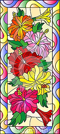 Stained glass illustration with flowers and leaves of hibiscus in a bright frame,vertical orientation Vector Illustration