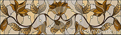 Stained glass illustration with flowers, monochrome, Sepia, horizontal orientation Vector Illustration