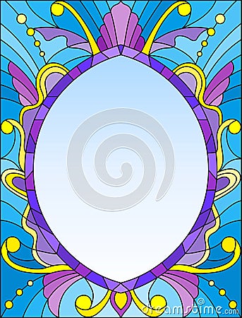 Stained glass illustration frame with abstract patterns and swirls on a blue background Vector Illustration