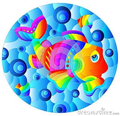 Stained glass illustration with a funny rainbow cartoon fish on a blue background Cartoon Illustration