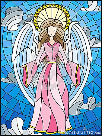 Stained glass illustration with a girl of angels on the background of cloudy sky Vector Illustration