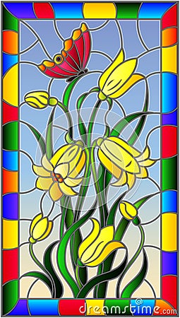 Stained glass illustration with leaves and bells flowers, yellow flowers and butterfly on sky background in a bright frame Vector Illustration