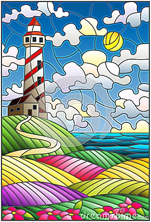 Stained glass illustration lighthouse on the backdrop of flowering fields against cloudy sky and sun Vector Illustration