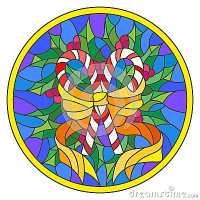 Stained glass illustration with lollipops Holly branches and bow on blue background, round picture frame Vector Illustration