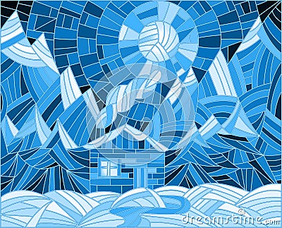 Stained glass illustration with a lone house on a background of mountains and the night sky Vector Illustration