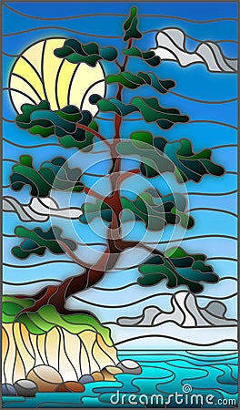 Stained glass illustration with a lone pine tree standing on the Bank on the background of sky, sun and water Vector Illustration