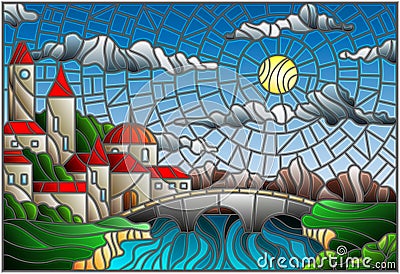 Stained glass illustration with the old town and bridge over a river with mountains in the background, the cloudy sky and sun Vector Illustration