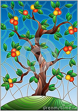 Stained glass illustration with an orange tree standing alone on a hill against the sky Vector Illustration