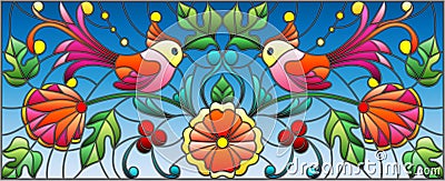 Stained glass illustration with a pair of abstract birds , flowers and patterns on a blue background , horizontal image Vector Illustration