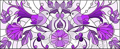 Stained glass illustration with a pair of abstract birds , flowers and patterns ,purple tones , horizontal image Vector Illustration