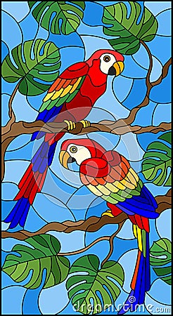 Stained glass illustration with pair of birds parakeet on branch tropical tree against the sky Vector Illustration