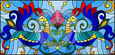 Stained glass illustration with a pair of roosters , flowers and patterns on a blue background , horizontal image Vector Illustration