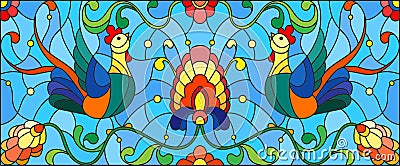 Stained glass illustration with a pair of roosters , flowers and patterns Vector Illustration