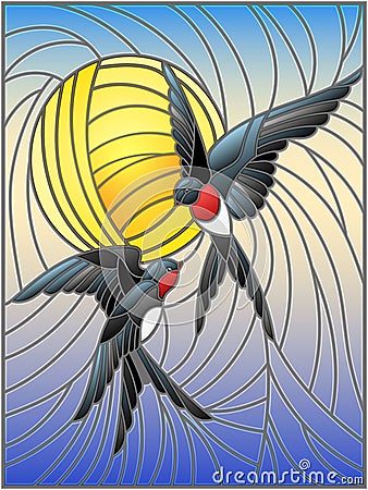 Stained glass illustration a pair of swallows on the background of sky and sun Vector Illustration