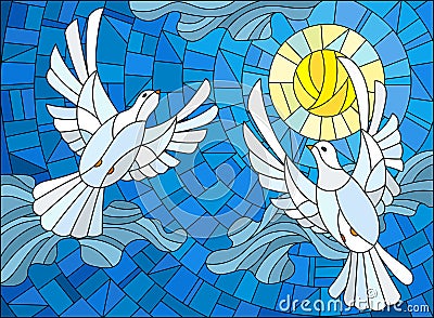 Stained glass illustration with a pair of white doves on the background of the daytime sky and clouds Vector Illustration