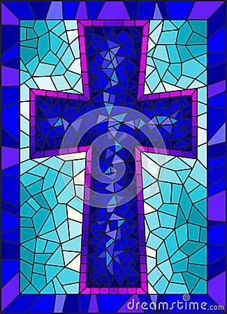 Stained glass illustration on religious themes, stained glass window in the shape of a blue Christian cross , on a blue backgro Vector Illustration