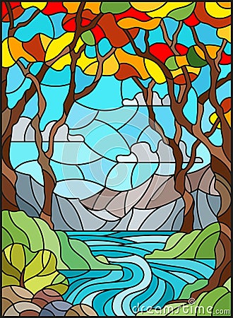 Stained glass illustration with a rocky Creek in the background of the Sunny sky, mountains, trees and fields,autumn landscape Vector Illustration