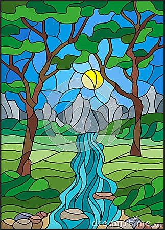 Stained glass illustration with a rocky Creek in the background of the Sunny sky, mountains, trees and fields Vector Illustration