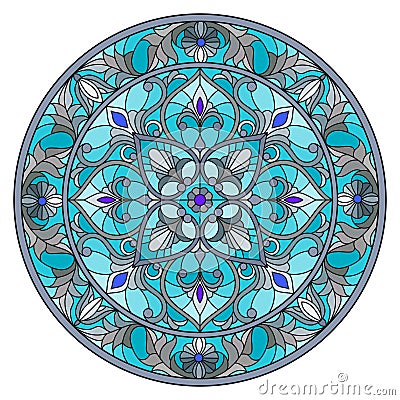 Stained glass illustration , round mirror image with floral ornaments and swirls Vector Illustration