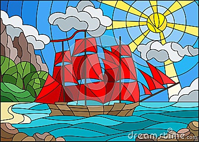 Stained glass illustration with sailboats against the sky, the sea and the sunrise Vector Illustration