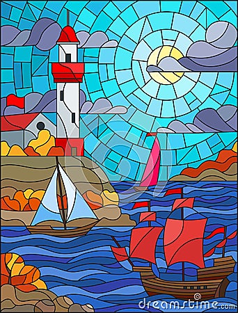 Stained glass illustration with sea view, three ships and a shore with a lighthouse in the background of day cloud sky sun and se Vector Illustration