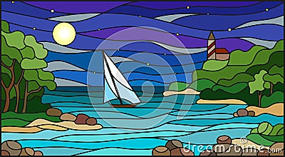 Illustration in Stained glass style with sea views, sailing in rocky Bay on the background of sea , moon and starry sky Vector Illustration