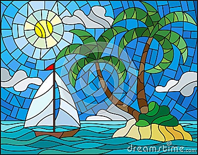 Stained glass illustration with the seascape, tropical island with palm trees and a sailboat on a background of ocean , sun and cl Vector Illustration