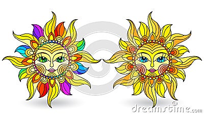 Stained glass illustration with set of suns with faces on a white background isolates Vector Illustration